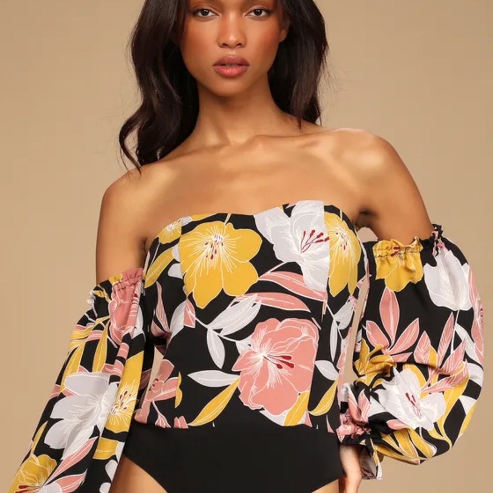 Lulu's Bring the Blossom Black Floral Print Off-the-Shoulder Bodysuit